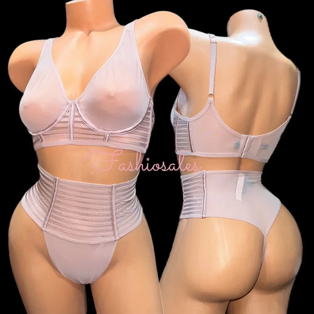 Victoria’s Secret Set Sexy Sheer Mesh Unlined Plunge bra & High Waist Thong pink